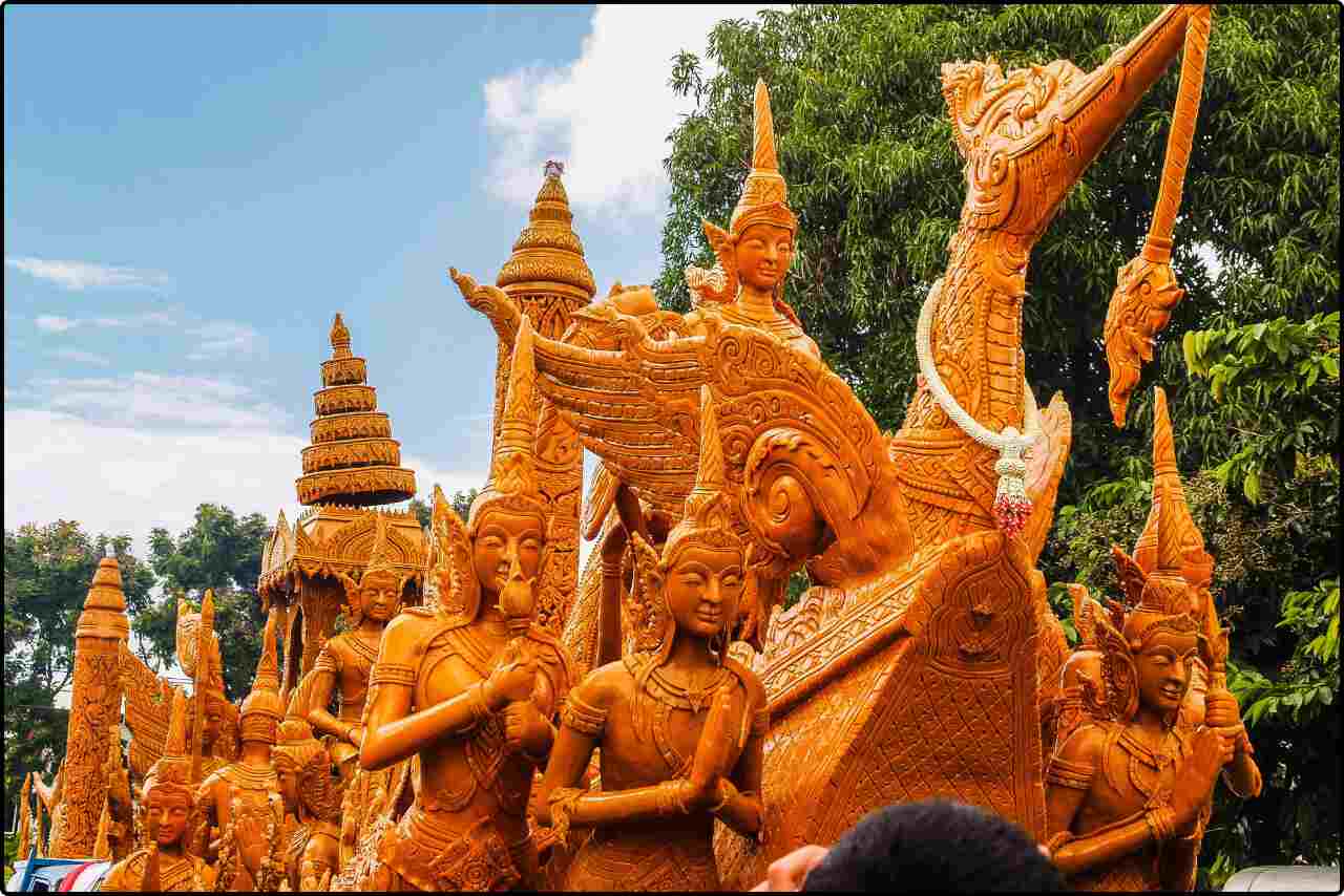 Candle sculptures and floats parading through the streets at the Ubon Ratchathani Candle Festival